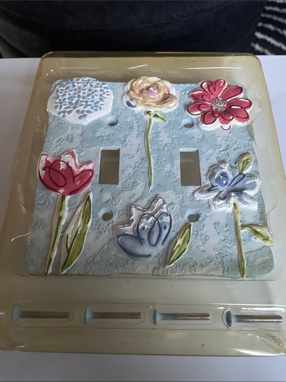 Hand-Painted Floral Ceramic Double Toggle Switch Plate - Cream & Blue
